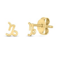 a pair of zodiac stud earrings in yellow gold