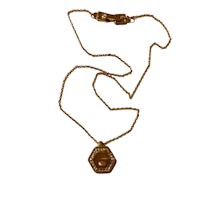 a gold necklace with a hexagonal pendant