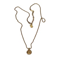 a gold necklace with a coin on it