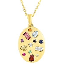 a yellow gold pendant with multi colored stones