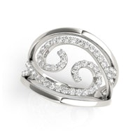 a white gold ring with a swirl design and diamonds