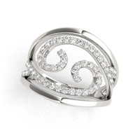 a white gold ring with a swirl design and diamonds